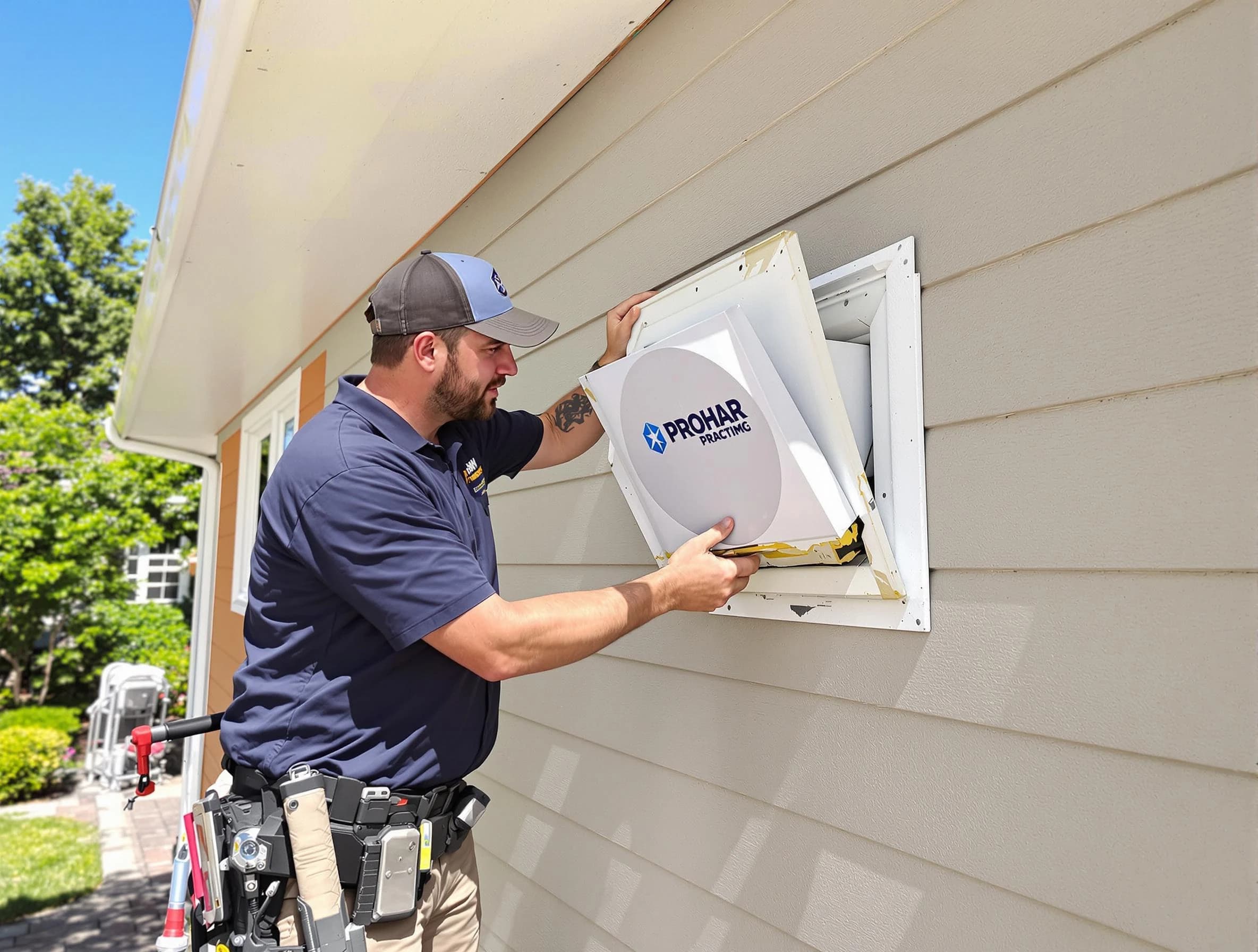 Carnegie Dryer Vent Cleaning technician installing a new protective dryer vent cover on a home in Carnegie