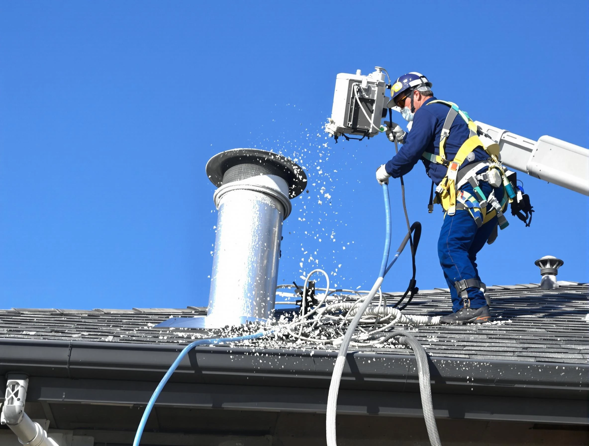 Carnegie Dryer Vent Cleaning certified technician safely cleaning a roof-mounted dryer vent in Carnegie